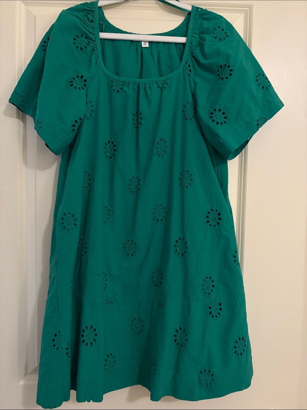 Free Assembly Square Neck Eyelet Mini Dress Jellybean Green. 
Size XS